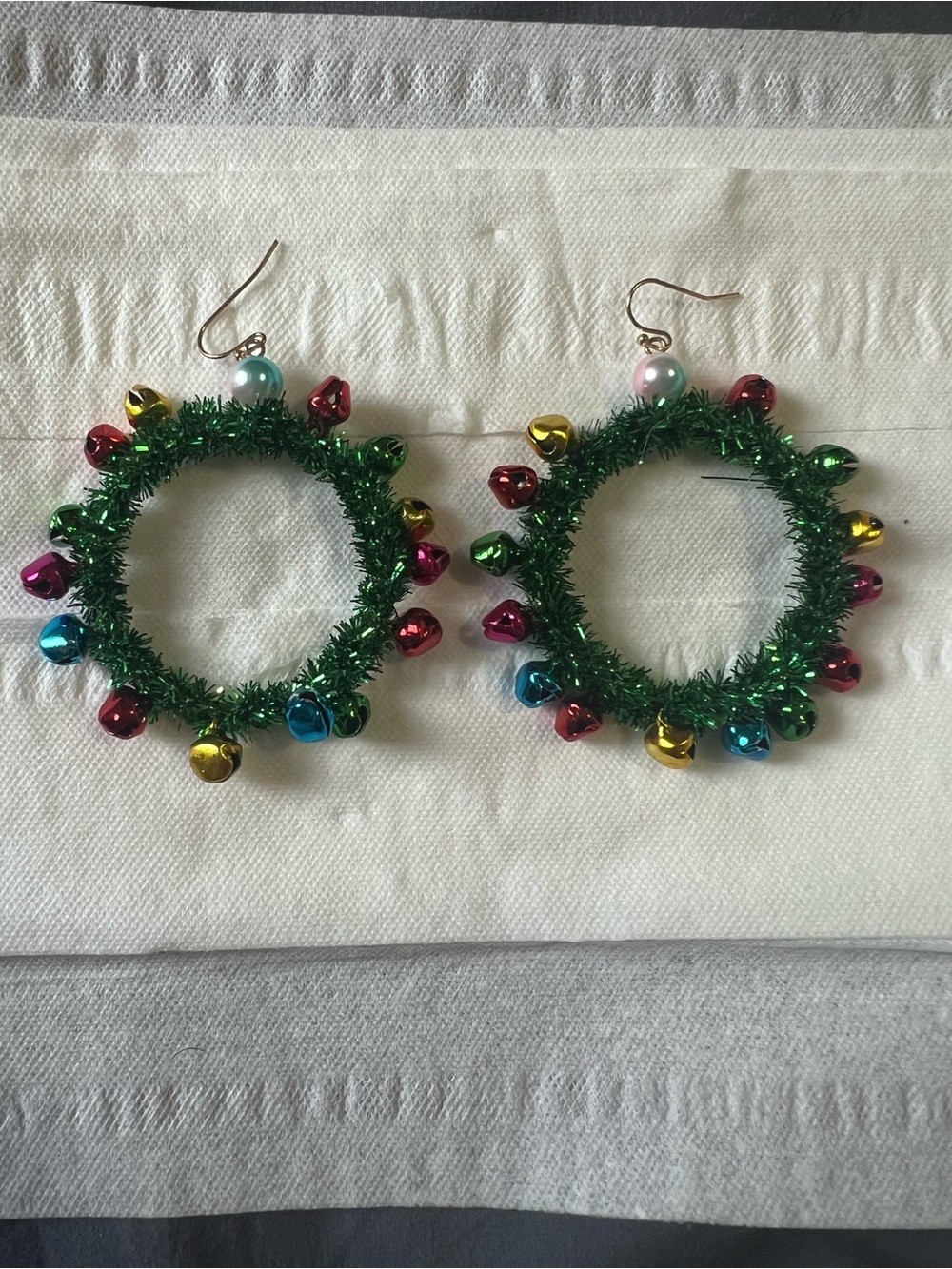 Festive Green Tinsel Hoop Earrings with Multicolor Jingle Bells